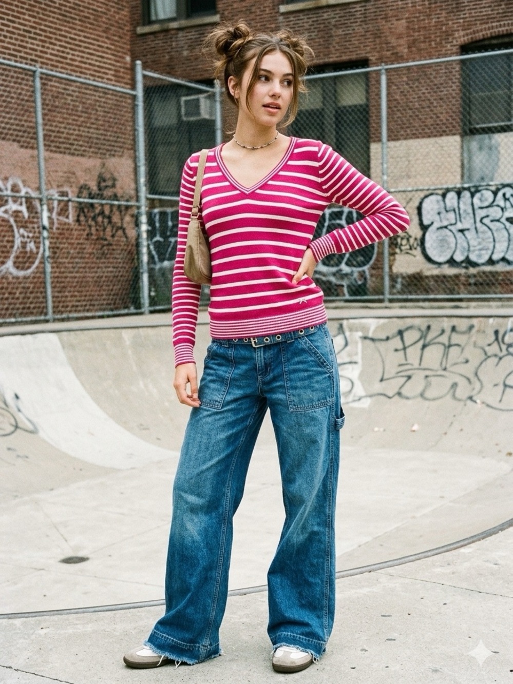 Tommy Hilfiger Magenta and White Striped V-Neck Long Sleeve Top Downtown Girl